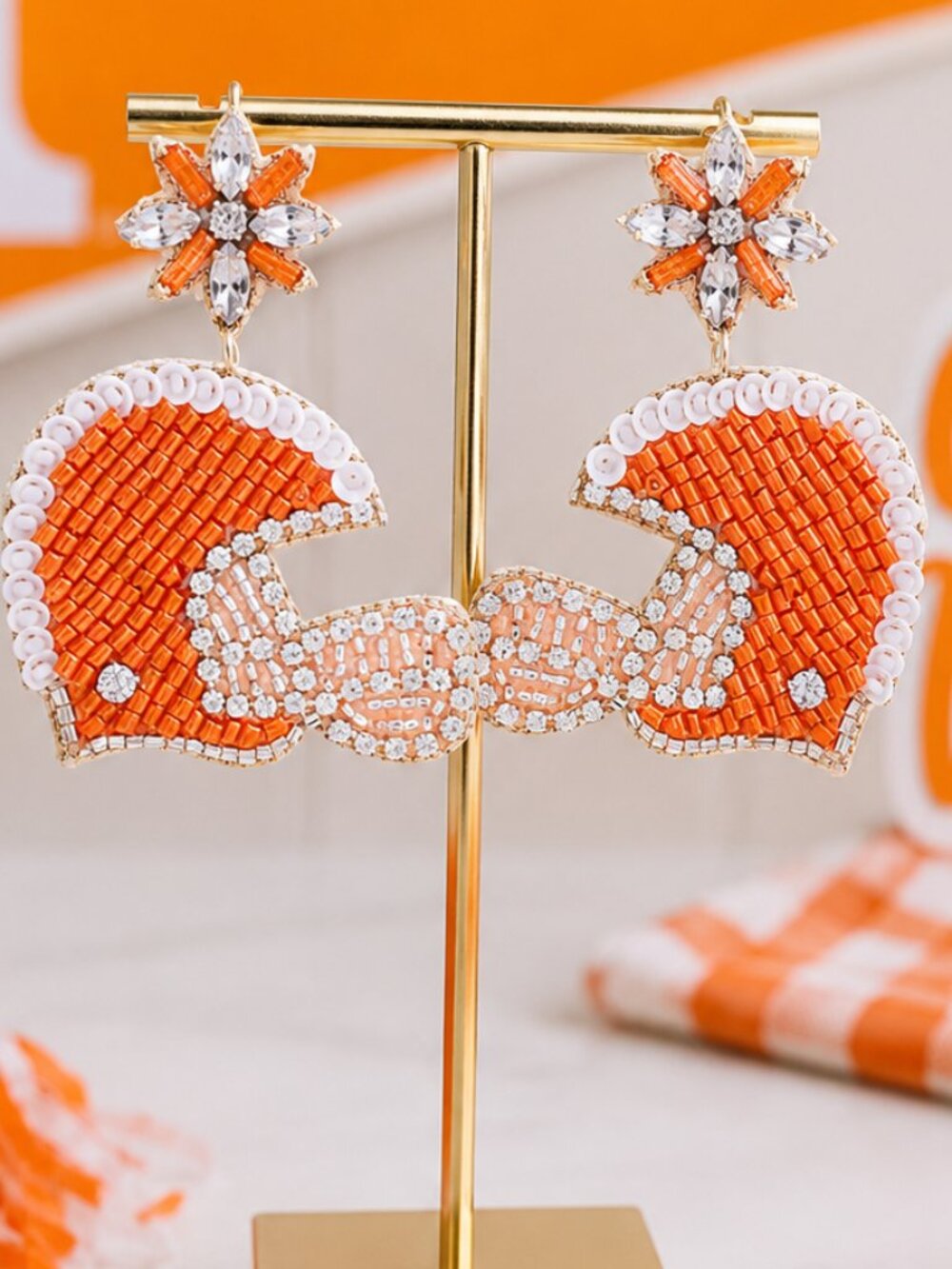 Orange & White College Football Gameday Beaded Rhinestone Helmet NEW Earrings